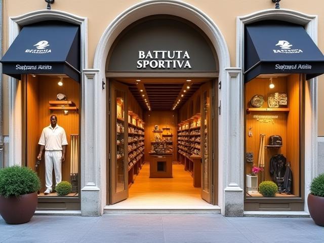 Battuta Sportiva store front in Rome featuring a wide array of cricket equipment and apparel